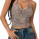 COZYEASE Women's Camo Print V Neck Sleeveless Crop Tops Casual Ruched Backless Halter Tops, Medium, Khaki 