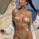 Women's Sexy Metallic Bikini Set O Ring Halter Triangle Cheeky Swimsuits Two Piece Bathing Suit Pool Party Rave Outfits (Beige, M)