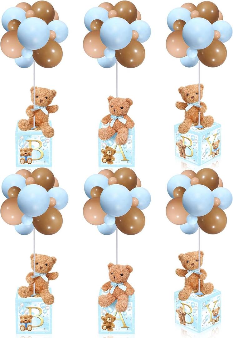 Lenwen 6 Sets Baby Letter Boxes Decorations Table Centerpieces for Baby Shower Gender Reveal,Bear Stuffed Animals Balloon with Stand Plush Toy Boxes for Birthday Party Wedding(Bear,Blue)