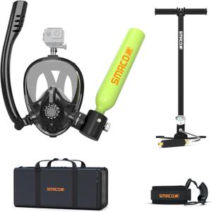 SMACO Mini Scuba Tank with Snorkel Mask 0.5L Portable Small Diving Tank with Full Face Diving Mask Reusable DOT Certified Pony Bottle Diving Cylinder Kit with High Pressure Hand Pump for Snorkeling