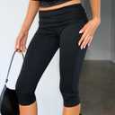 Women's Fold Over Capri Pants Elastic Low Waist Knee Length Stretch Tight Sold Color Yoga Pants (Black, M)