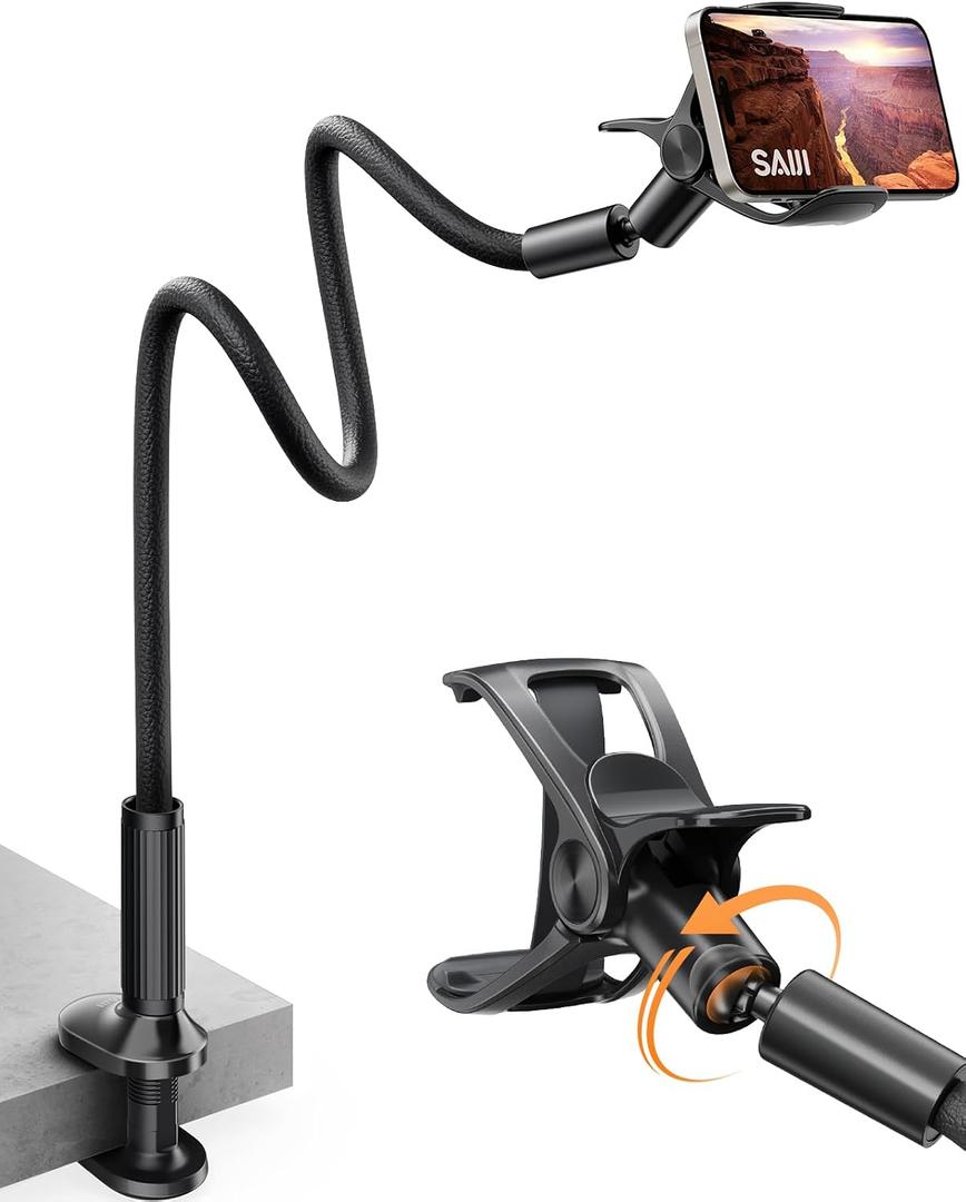 SAIJI Gooseneck Phone Holder for Bed Overall Length 38.6 Flexible Leather Wrapped Arm Overhead Cell Phone Mount Stand with 360 Adjustable Clamp Clip, Compatible with All 4-7 Cellphones (Black)