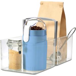 madesmart Fridge Portable Tote, Condiment Caddy with 2 Compartments, Pop-Up Handle & Non-Slip Base, Refrigerator Organizer for Sauces, Jars & Small Items, Clear