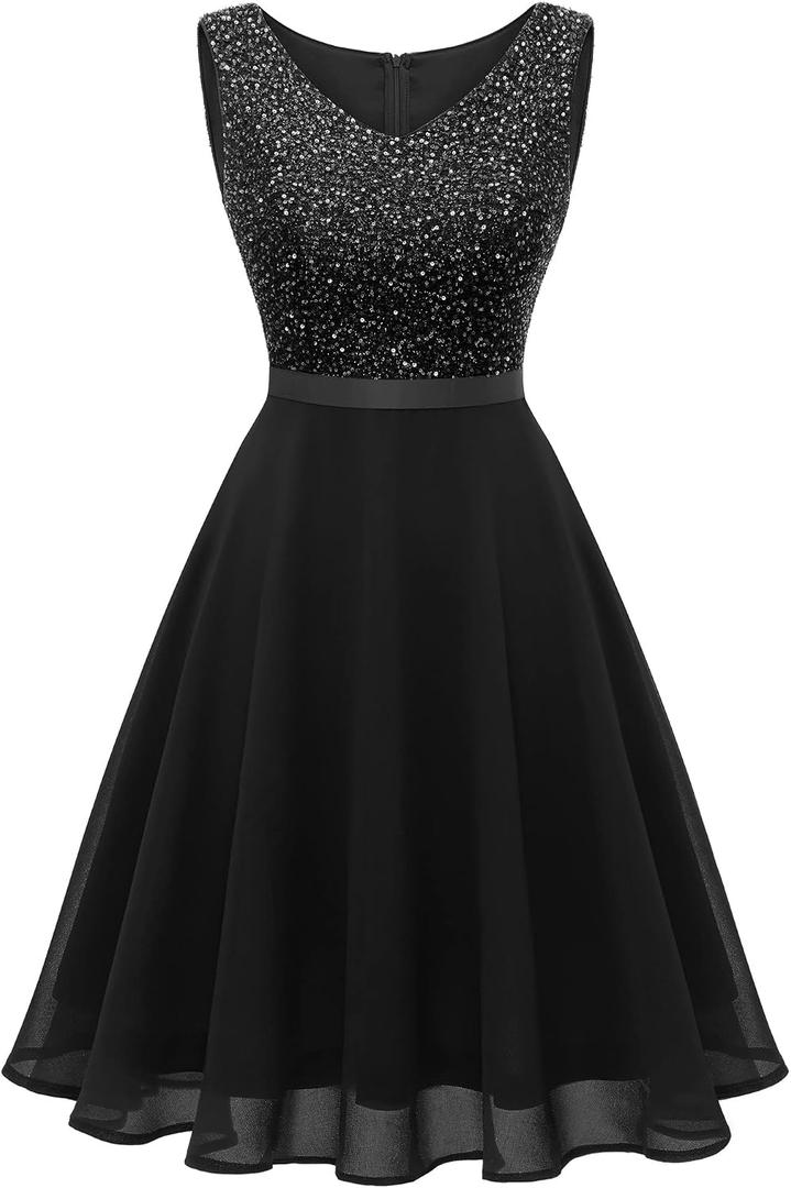 Dressystar 2026 Women's V Neck Short Sequin Prom Dress Glitter A-line Swing Cocktail Party Dresses Knee Length (Black, XL)