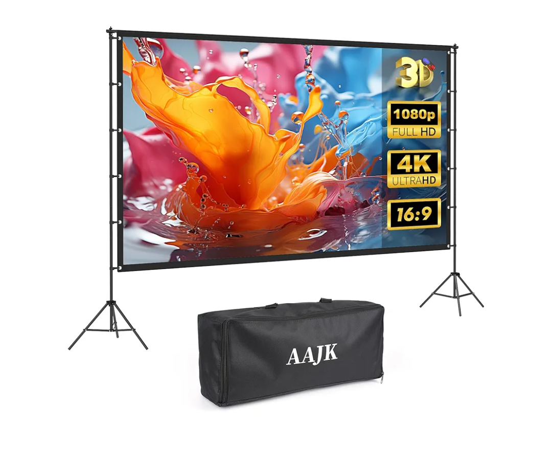 AAJK100-inch Portable Projector Screen with Stand – Elevate Your Outdoor Movie Nights with 4K HD Clarity and Lightweight Convenience
