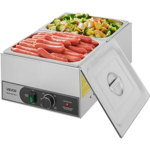 VEVOR Commercial Food Warmer, 1200W Electric Stainless Steel Steam Food Warmer, Fast Heating Countertop Buffet Bain Marie with Two 1/2 Size Food Pans, for Catering, Restaurants, Parties & Buffets