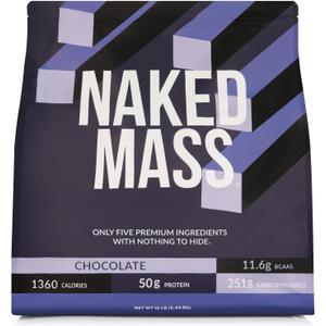 NAKED Chocolate Mass Gainer - All Natural Weight Gainer Protein Powder - 12LB Bulk, GMO Free, Gluten Free & Soy Free. No Artificial Ingredients - 1,360 Calories