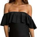 Summer Mae Off Shoulder Ruffle Maternity One Piece Swimsuit, Black Breastfeeding Bathing Suit for Women, Flounce Pregnancy Swimwear (M)