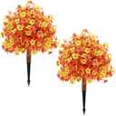 Set of 2 Fall Artificial Boxwood Topiary Trees Fake Mums Fall Flowers Shrubs Bushes Plants with Ground Spike Faux Fall Artificial Tree with Autumn Elements Artificial Flower Topiary for Indoor Outdoor