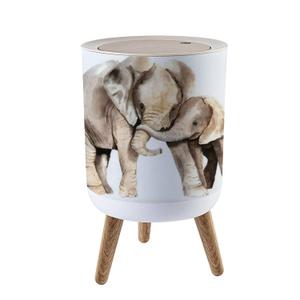 Small Trash Can with Lid Watercolor Animals African Elephant with a Kid Sketch Garbage Bin Wood Waste Bin Press Cover Round Wastebasket for Bathroom Bedroom Kitchen 7L/1.8 Gallon