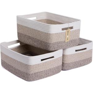 MiniArk Large Storage Baskets for Organizing, Closet Shelf Baskets for Clothes Blanket Towels, Baby Nursery, Toy Bins Box, Woven Rope Basket, 17 x 13 x 7.5, 3 Packs Gradient Brown