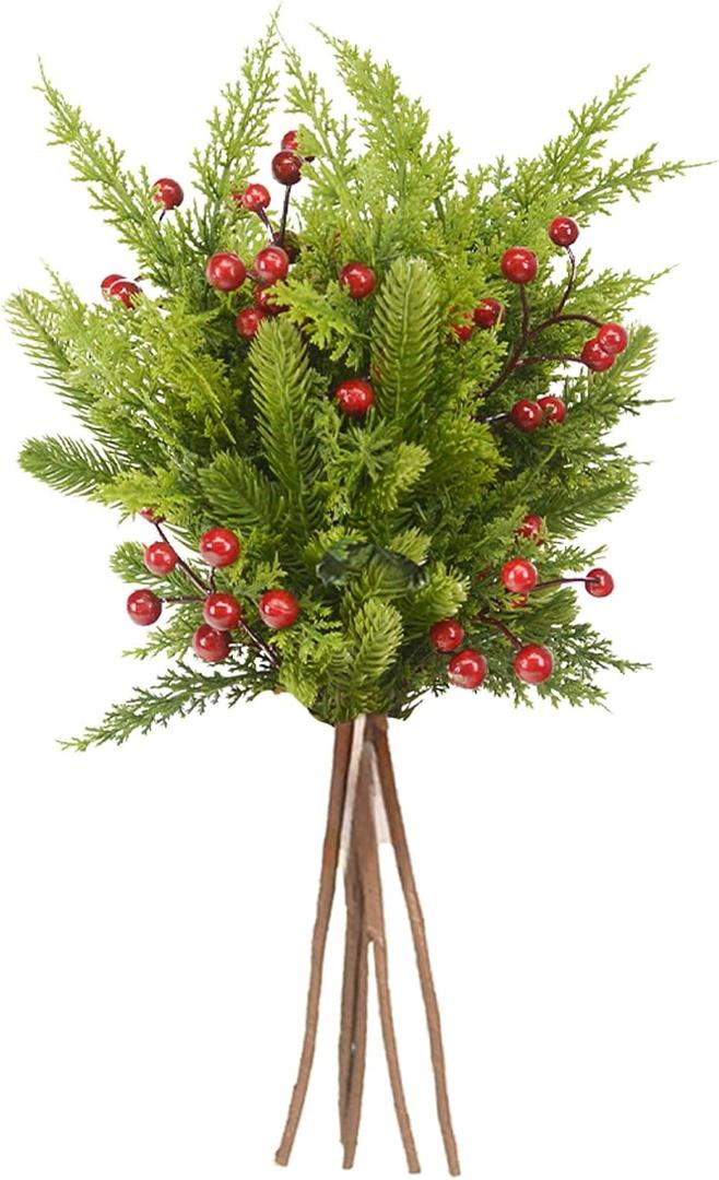 18 Pcs Pine Branches with Red Berries and Cypress Grass - 18 Inch Artificial Pine Branches, Fake Foliage Pine Needles Picks for DIY Craft Garland Home Decor