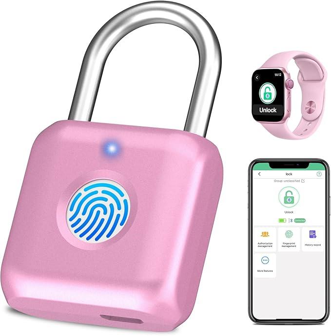 Fingerprint Padlock eLinkSmart Gym Locker Lock for Girls Women with Phone App iOS Watch Metal Keyless Combination Locks for School Sports Locker Toolbox Hasp Storage Purple