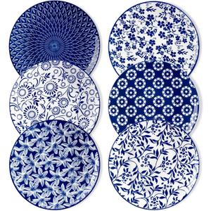 vancasso Ceramic Salad Plates Set of 6, Small Vintage 8.25 Inch Plate Set of 6 for Kitchen, Porcelain Blue and White Dessert Plates for Kitchen, Microwave Oven Dishwasher Safe, Vintage Gift