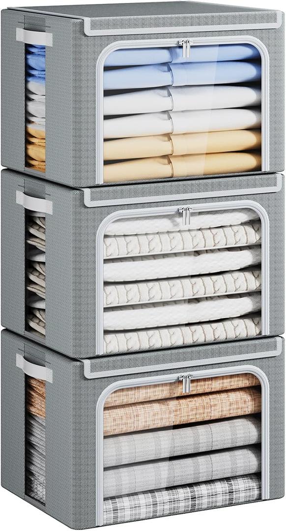 Yecaye Clothes Storage Bins with Metal Frame, 40L Foldable Clothing Storage Bins with Lid, Stackable Zippered Clothes Storage Bags, Oxford Fabric Organizer Box With Clear Window＆ PU Leather Handles