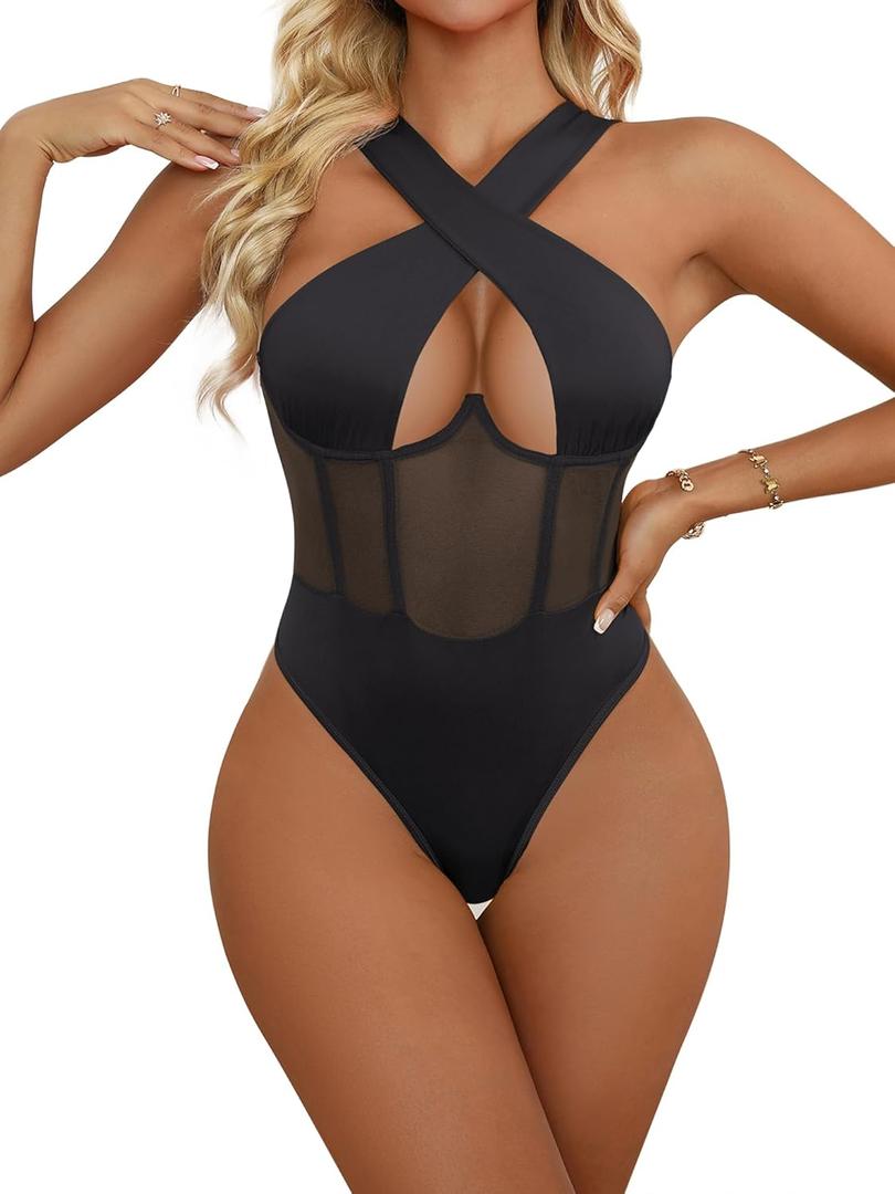 Criss Cross Halter Bodysuit Sexy Lingerie for Women Halter Top for Womens  (Large, Black)