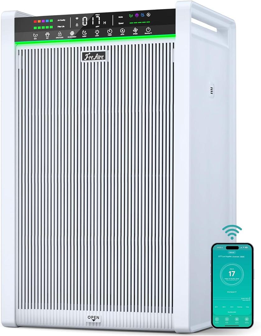 FreAire Air Purifiers for Home Large Room up to 3,850 Ft², HEPA Air Purifier with Smart APP Control & Washable Filter, Large Real-Time PM2.5 Display, Auto Pet ECO Modes for PoIIen Smoke, Ice White