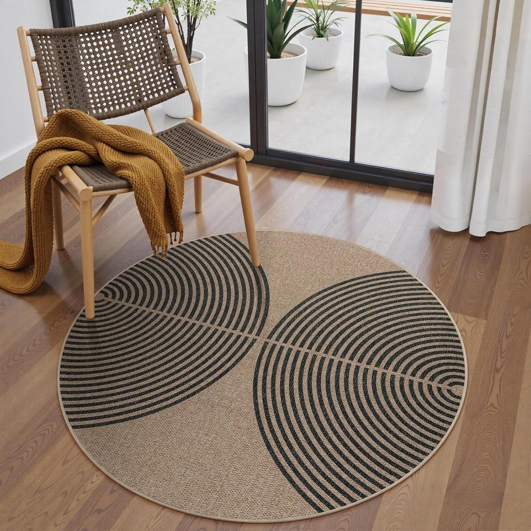 Lahome Modern Rainbow Round Rug 4ft, Washable Outdoor Rugs for Entryway Patio Farmhouse Indoor Outdoor Carpet, Contemporary Non Slip Small Round Kitchen Mats for Floor Entry (Nature/Black Rainbow)