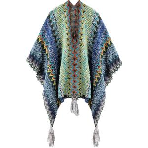 Knit Shawl Wrap Poncho Cape for Women, Ladies Knitted Cardigan Kimono with Fringe for Fall Winter (Blue Pattern)