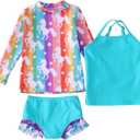 Toddler Baby Girls 3-Piece Rashguard Sets Swimwear Bathing Suit Long Sleeve Swimsuit Sunsuit Swim Shirt UPF 50+ (6-12 Months, Colorful-unicorn)