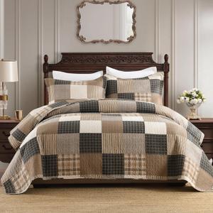Plaid King Quilt Set - 100% Cotton Quilts, King Quilt Bedding Set, Farmhouse Patchwork Quilt, Lightweight Bedspread Coverlet for All Seasons, Brown, 3 Piece, 98"x106"