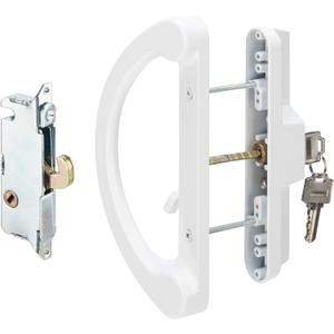 Sliding Glass Door Handle with Mortise Lock and Key Cylinder,Patio Door Lock with Key Replacement Patio Door Handle Set Sliding Door Lock Fits 3-15/16" Screw Hole Spacing,Reversible Design (White)