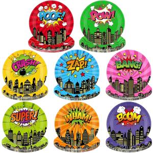 48 Pack Hero Theme Paper Plates Hero Birthday Party Decorations Supplies 7 Inch Disposable Colorful Comic Dessert Cake Plates Cityscape Tableware for Birthday Baby Shower Party Favors, 8 Styles