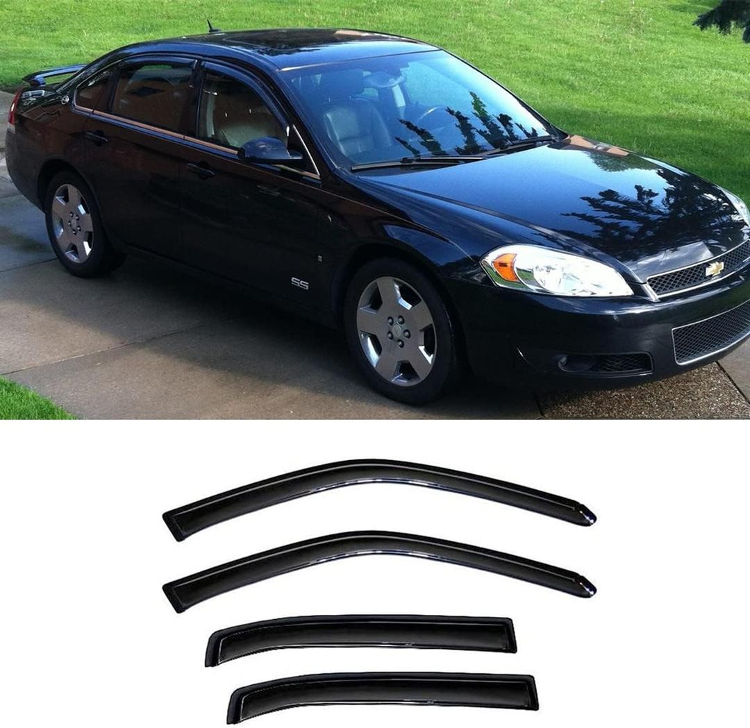 Side Window Wind Deflector fit for 2006-2013 Chevrolet Impala &2014-2016 Chevrolet Impala Limited Model Only, 4pcs Out-Channel Tape-On Rain Guards Set, Dark Smoke Nice Window Visor 94843
