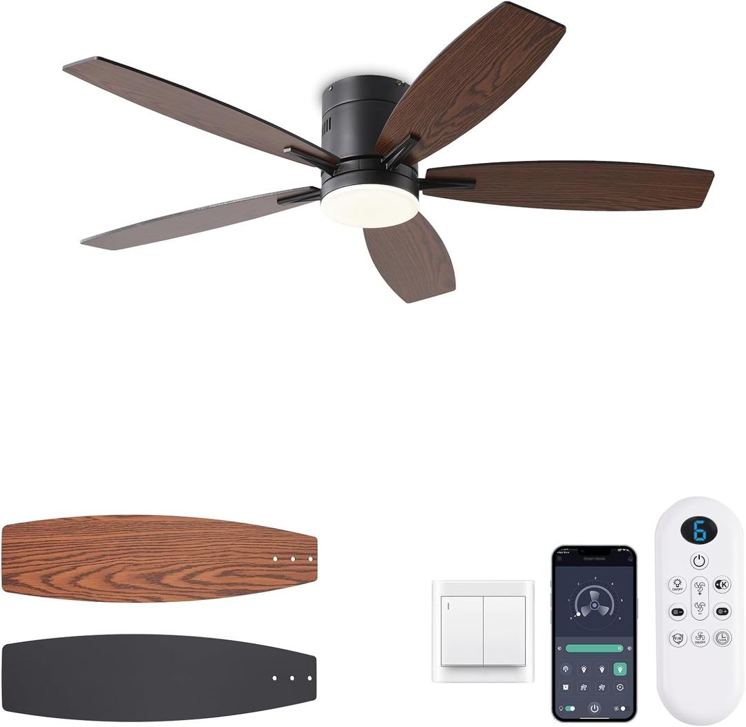 KNUN 52-inch Ceiling Fan with Light and Remote/App Control, Flush Mount Low Profile, Reversible DC Motor, Brown Modern Ceiling Fan with Light, Dimmable,Noiseless,for Bedroom Living Room