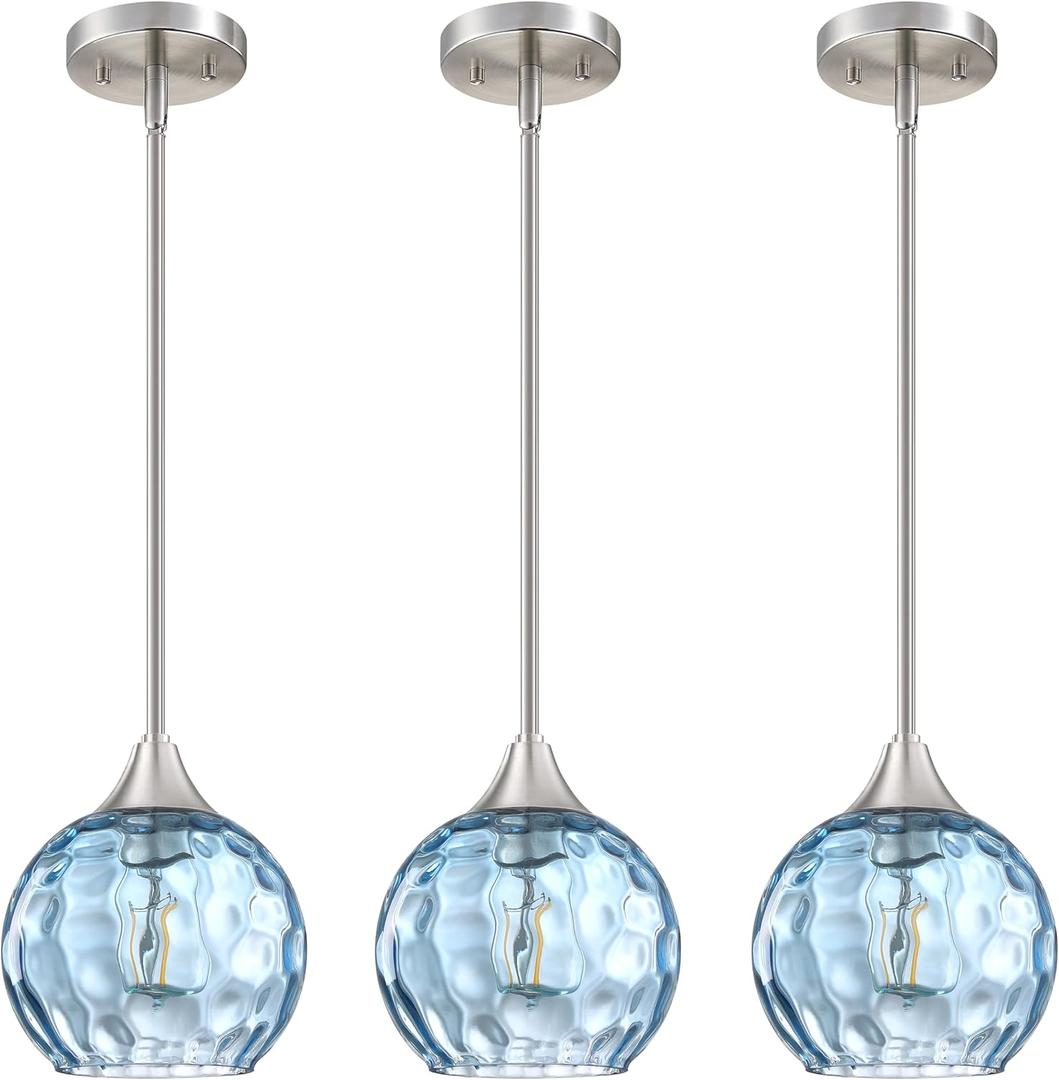 Hanging Modern Farmhouse Pendant Light Fixture,6.3" Hammer Globe Blue Glass 3 Pack Mini Pendant Lighting Brushed Nickel Finish for Kitchen Island Dinning Over Sink Living Room Decor
