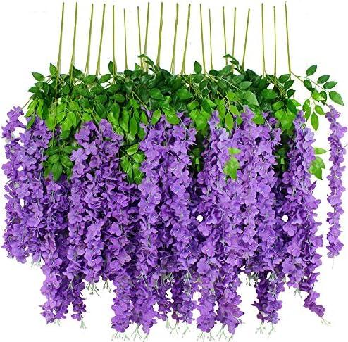 12pcs Artificial Wisteria Flowers 3.6 Feet/Piece Purple Dense Artificial Fake Wisteria Vine Ratta Hanging Garland Silk Flowers String Home Party Wedding Decor（Purple-Dense）
