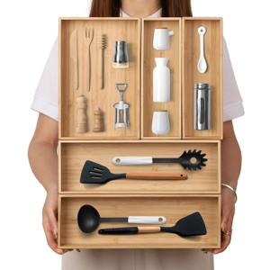 Stack Bamboo Drawer Organizer Set of 5, Kitchen Utensil, Flatware & Silverware Organizer-Wood Laminated Stackable for Kitchen, Bedroom, 13.4''x4.5''*2+10.2''x3.3''*2+10.2''x6.7''*1