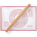 Wood French Rolling Pin for Baking, QUELLANCE Wooden Dough Roller with Silicone Baking Mat, Beech Wood Rolling Pins for Baking Dough, Pizza, Pie, Pastries, Pasta and Cookies,Red Pastry Mat