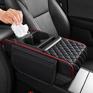 5 in 1 Car Center Console Cover, Armrest Pad with 2 Storage Pockets, Cup Holder, Tissue Box Slot, Phone Holder, Universal Car Interior Organizer, Color: Black with Red Stitching