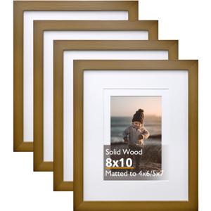 KINLINK 8x10 Picture Frame Brown, Solid Wood Frames with Acrylic Plexiglass for Pictures 4x6/5x7 with Mat or 8x10 without Mat, Tabletop and Wall Display Photo Frame, Set of 4