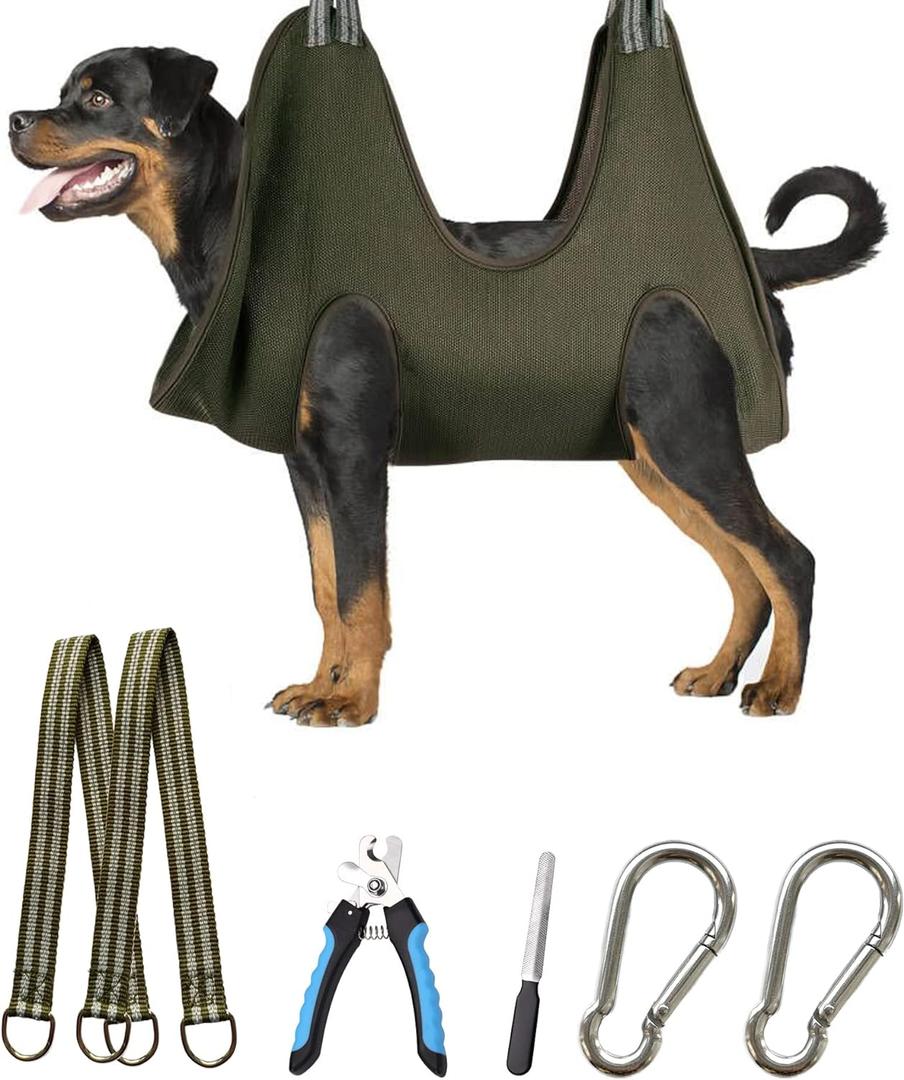 10 in 1 Pet Grooming Hammock Harness with Nail Clippers/Trimmer, Nail File, Comb,Dog Nail Hammock, Dog Grooming Sling for Nail Trimming/Clipping (XXL/Under 120lb, Khaki Green) (XXL/under 80lb)