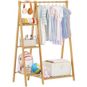 COOGOU Small Clothes Racks,Kids Clothes Hanging Rack, Bamboo Wood Clothing Garment Rack with Shelves, Free Standing Corner Dress Costume Rack for Small Place,Bedroom,Bathroom, Portable