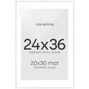 Homeforia 24x36 White Poster Frame, High-End Metal, 20x30 Mat, Glass, Soft White, 24x36, 2