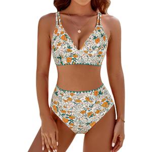 BMJL Women's Bikini Sets V Neck High Waisted Swimsuits Shell Stitched Cheeky Two Piece Bathing Suit (Green Floral, Large)