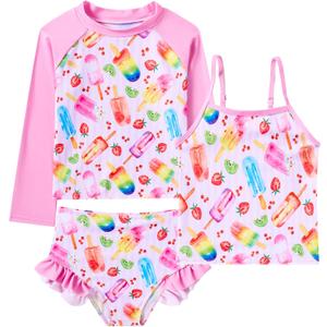 swimsobo Girls 3-Piece Swimsuit Long Sleeve Rash Guard Tankini Sets UPF Sun Proction Bathing Suit 3-10T (7-8 Years, Ice Cream)
