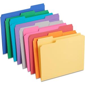 Staples Reinforced File Folders, Assorted Colors, Letter Size, 1/3-Cut Tabs, Durable 10.5-Point Stock, 100/Box
