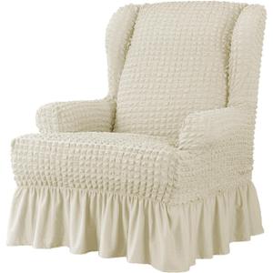 Stretch Wing Chair Slipcovers 1 Piece, Seersucker Fabric Armchair Covers with Skirt Elegant Ruffle, Living Room Sofa Slipcover Furniture Protector-Beige-1 Piece