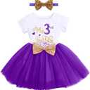 ODASDO Toddler Kids Girls My 3rd Third Birthday Party Dress Sequin Bowknot Headband Cake Smash Outfit Summer Cotton Short Sleeve A-line Tulle Tutu Princess Skirt Photo Props Purple 3 Years