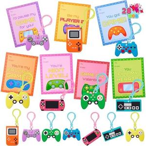 JOYIN 28 Pcs Valentines Day Gift Cards with Video Game Keychains, Multi Colored Keychains & Cards with 7 Designs, Valentine Treat Goodie Bag Stuffers for Kids Classroom School Exchange Prizes
