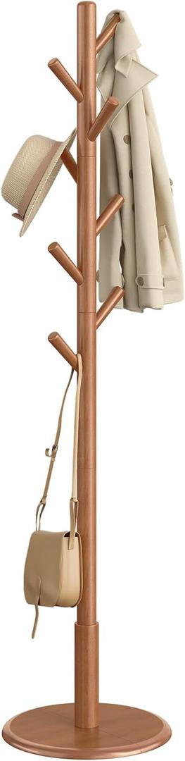 VASAGLE Solid Wood Coat Rack, Free Standing Hall Coat Tree with 8 Hooks, 3 Height Options, for Coats, Hats, Bags, Purses, for Entryway, Hallway, Rubberwood Hooks and Pole, Caramel Brown URCR009W01