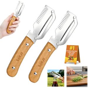 Multifunctional Vegetable Peeler for Kitchen Tool Wooden Smooth Handle and Bottle Opener, Made of Stainless Steel 2 in 1 Potato Garlic Cucumber Orange Pumpkin Fruit (Shredded Style(2pcs))