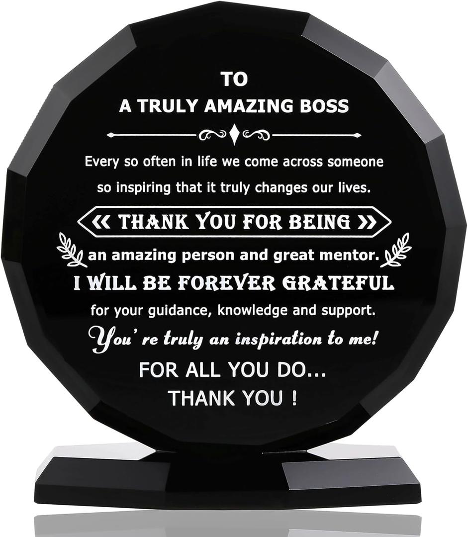 Qianwei Boss Gifts for Women Men - Black Crystal Appreciation Plaque Keepsakes Decor - Best Thank You Farewell Gifts, Christmas, Retirement, Birthday, Bosses Day Gift
