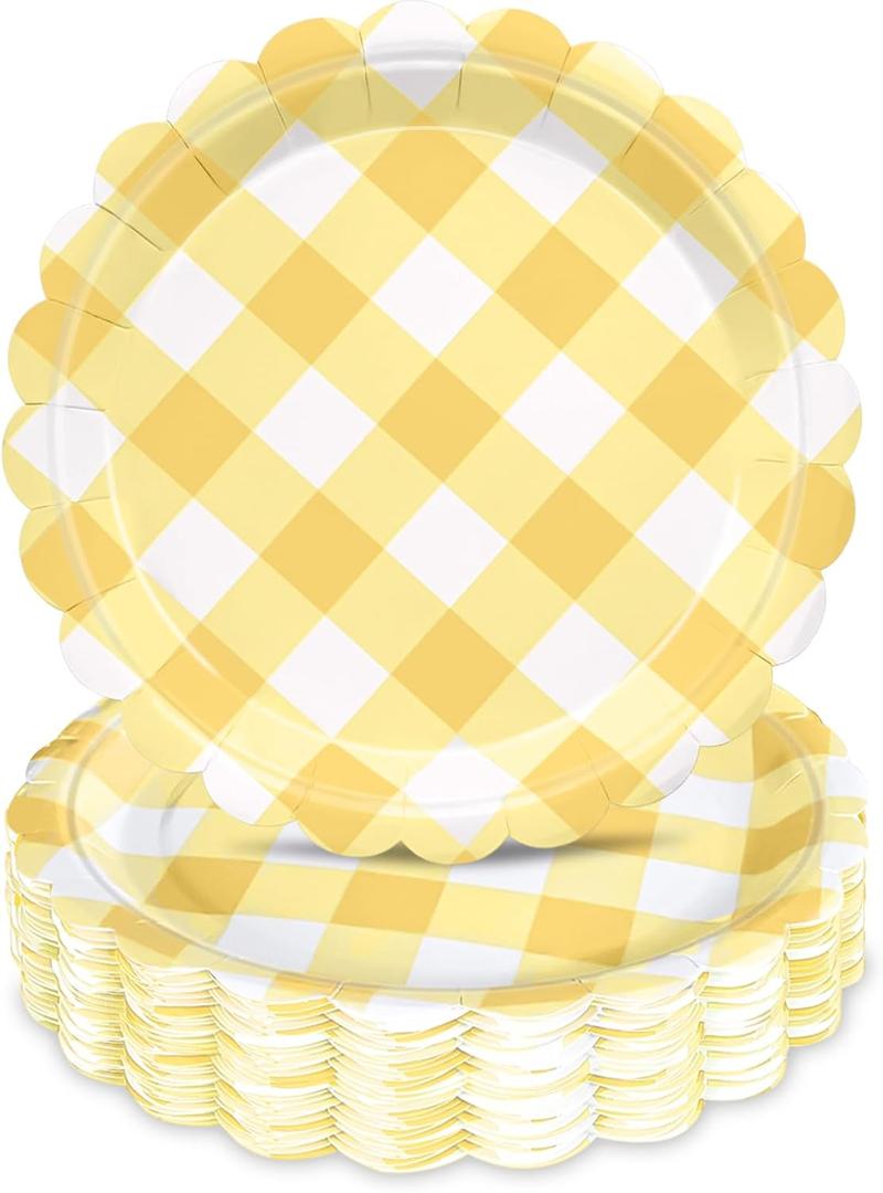 48 Pcs 7" Yellow Gingham Paper Plates Light Yellow & White Scalloped Checkered Party Plates, Pastel Plaid Dessert Table Supplies for BBQ Gathering Picnic Baby Shower Birthday Dinner Party Tableware
