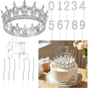 Quelay 13 Pcs Happy Birthday Cake Topper Decorations Set Queen Crown Rhinestone Princess Tiara Cake Topper Numbers Candles 0-9 Happy Birthday Decor for Women Wedding Anniversary Party Supplies(Silver)