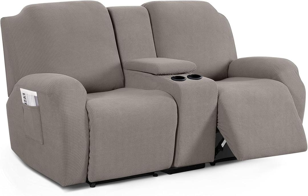 TAOCOCO Loveseat Recliner Cover with Middle Console, Stretch Loveseat Cover for 2 Seat Recliner Couch, Jacquard Reclining Sofa Covers Loveseat Slipcover Furniture Protector, Pale Brown